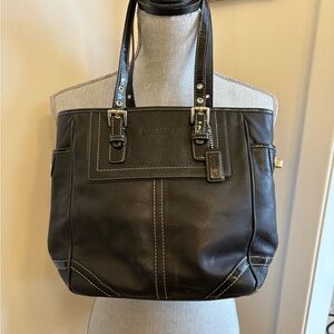 Vintage Coach Black Leather Tote with Contrast Stitching